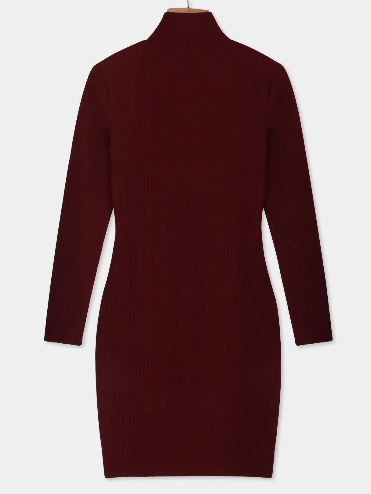 Wholesale Chimney Collar Plain Long Sleeve Bodycon Hem Burgundy Dresses