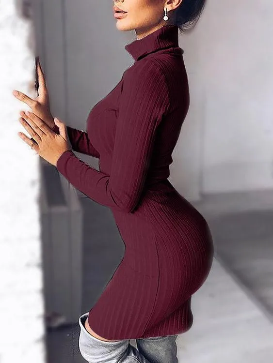 Wholesale Chimney Collar Plain Long Sleeve Bodycon Hem Burgundy Dresses