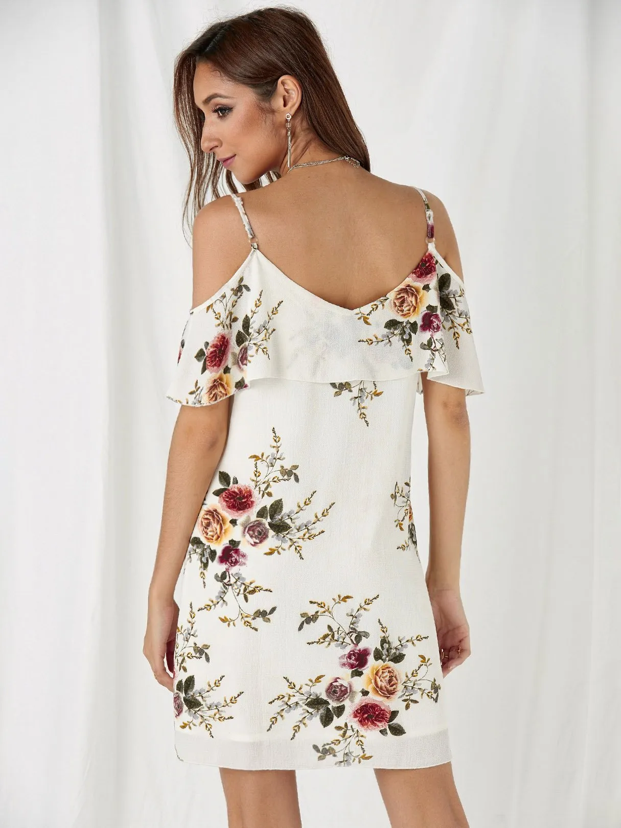 Wholesale Cold Shoulder Sleeveless Floral Print Spaghetti White Strap Dresses