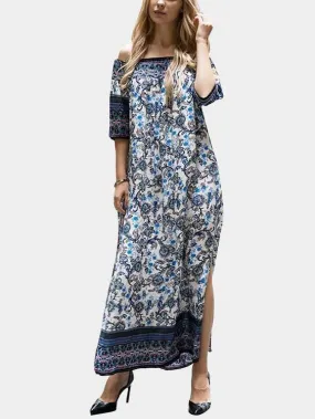 Wholesale Navy Off The Shoulder 3/4 Sleeve Floral Print Maxi Dress