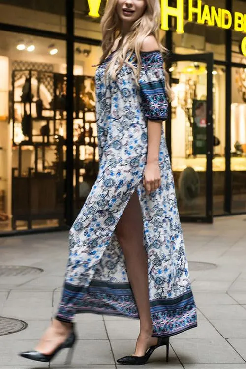 Wholesale Navy Off The Shoulder 3/4 Sleeve Floral Print Maxi Dress