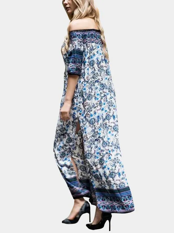 Wholesale Navy Off The Shoulder 3/4 Sleeve Floral Print Maxi Dress