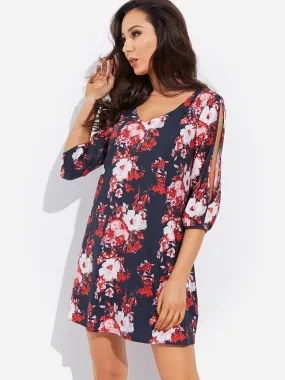 Wholesale Navy V-Neck 3/4 Length Sleeve Floral Print Cut Out Dresses