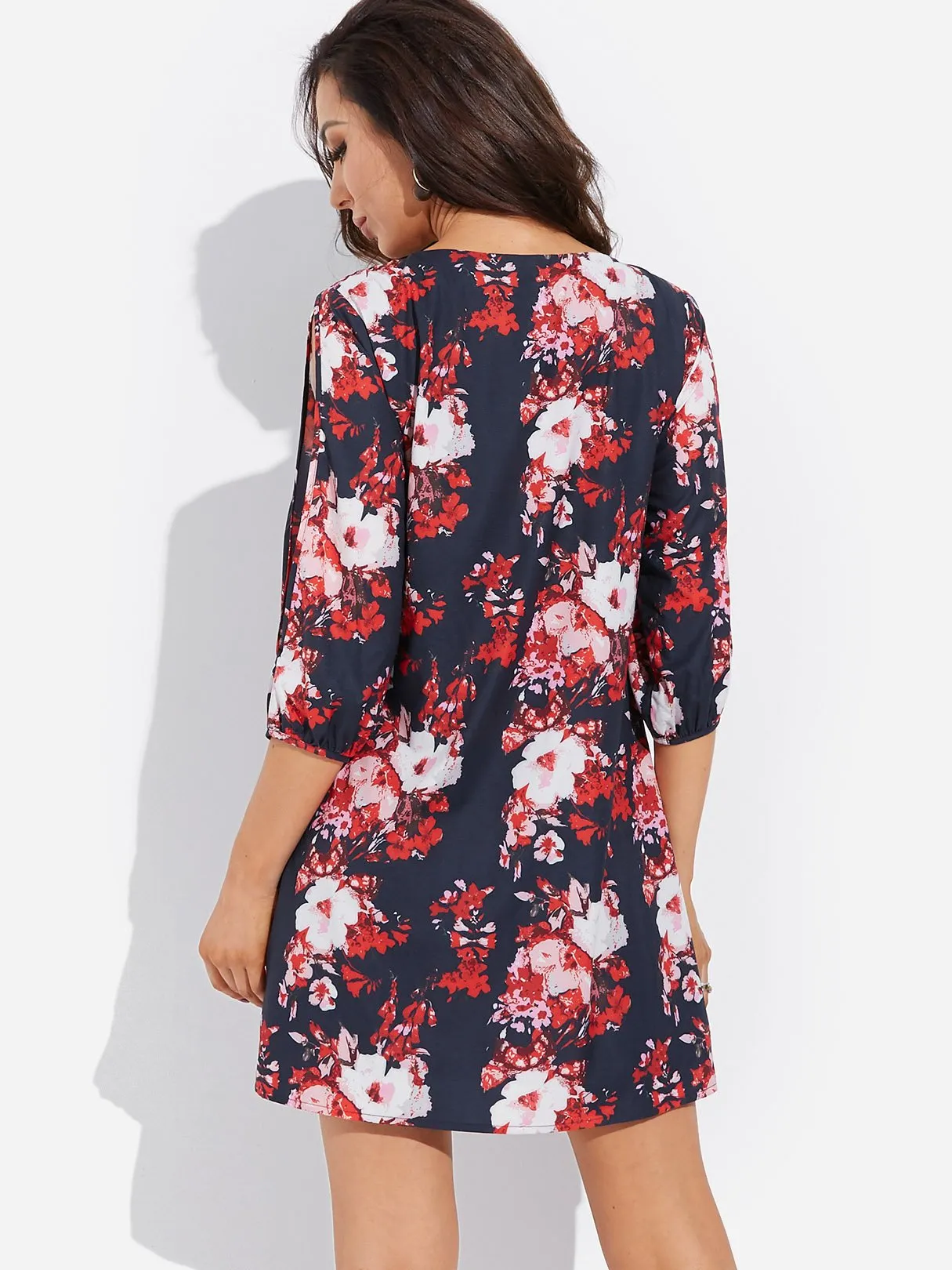 Wholesale Navy V-Neck 3/4 Length Sleeve Floral Print Cut Out Dresses