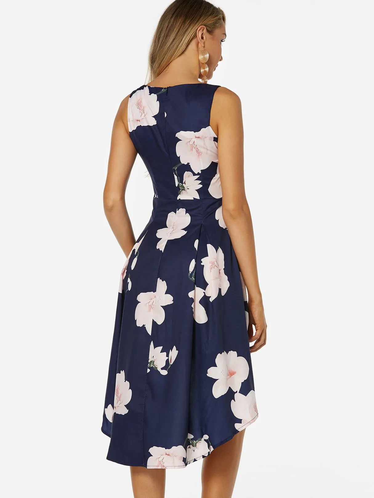 Wholesale Navy V-Neck Sleeveless Floral Print Zip Back High-Low Hem Dresses