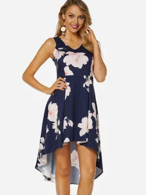 Wholesale Navy V-Neck Sleeveless Floral Print Zip Back High-Low Hem Dresses