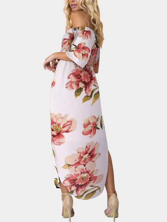 Wholesale Off The Shoulder Half Sleeve Floral Print Slit Hem Dresses