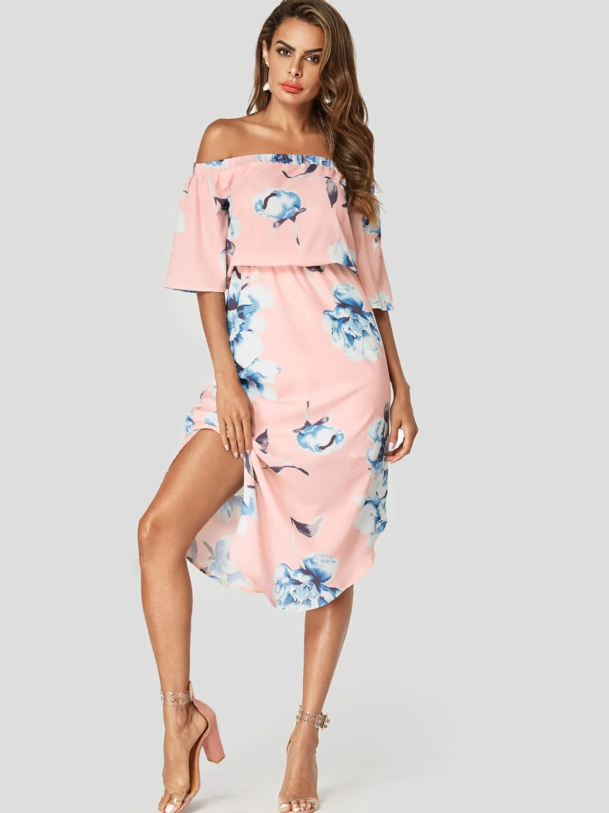 Wholesale Off The Shoulder Half Sleeve Floral Print Slit Hem Dresses