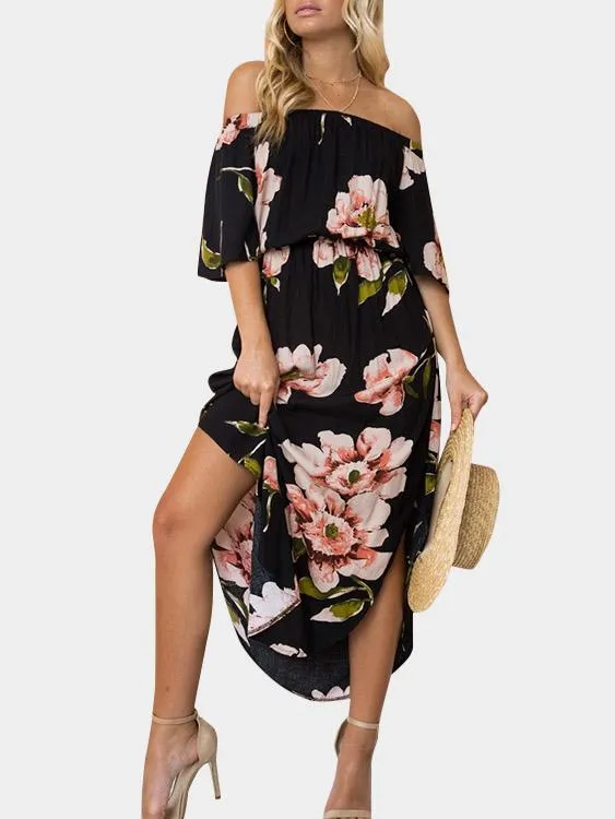 Wholesale Off The Shoulder Half Sleeve Floral Print Slit Hem Dresses