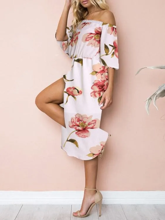 Wholesale Off The Shoulder Half Sleeve Floral Print Slit Hem Dresses