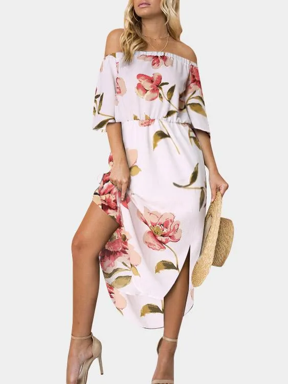 Wholesale Off The Shoulder Half Sleeve Floral Print Slit Hem Dresses