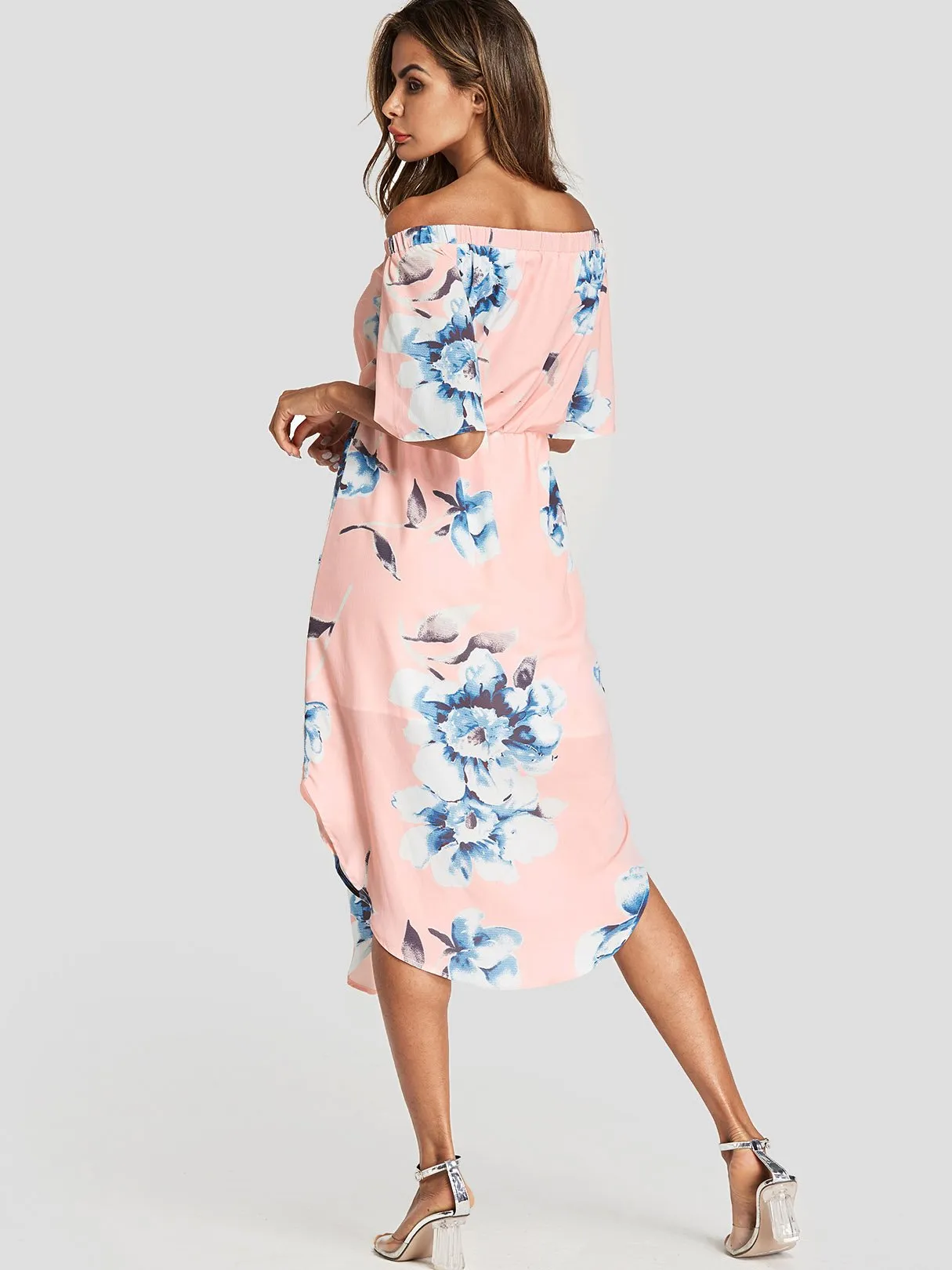 Wholesale Off The Shoulder Half Sleeve Floral Print Slit Hem Dresses