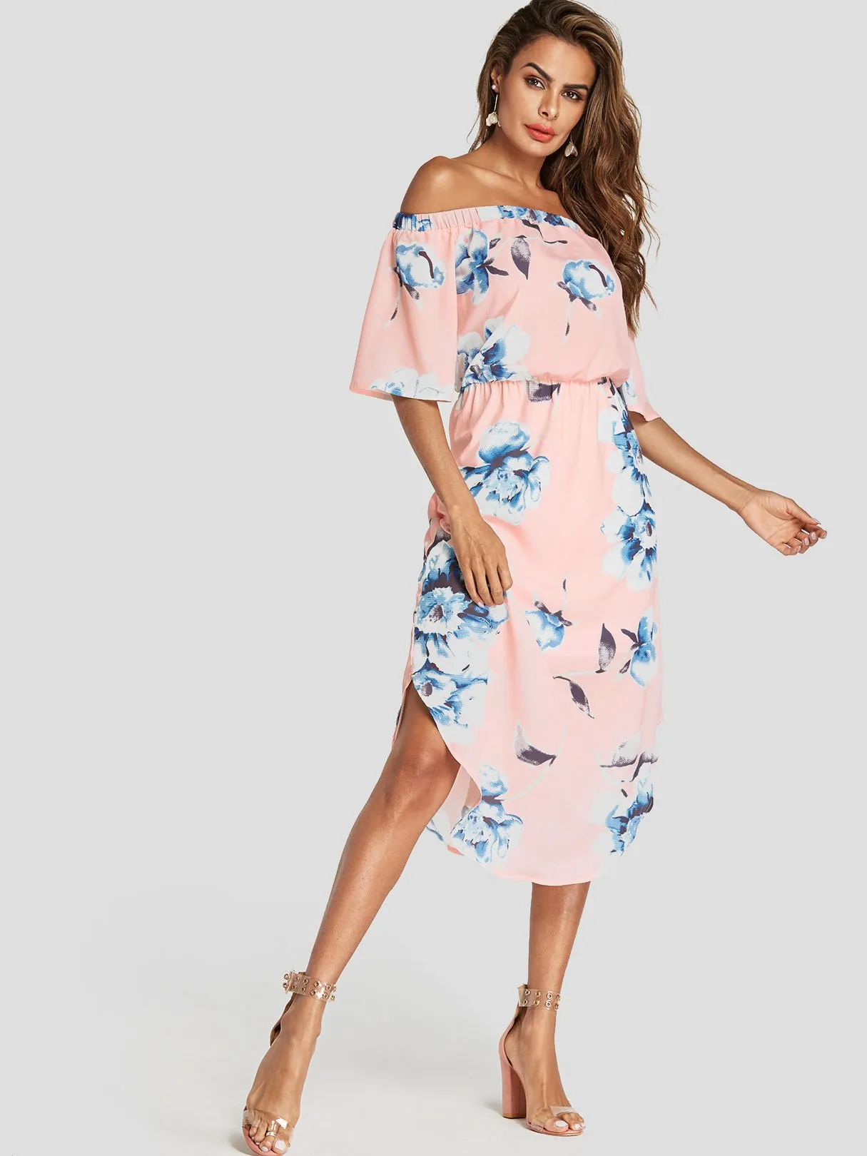 Wholesale Off The Shoulder Half Sleeve Floral Print Slit Hem Dresses