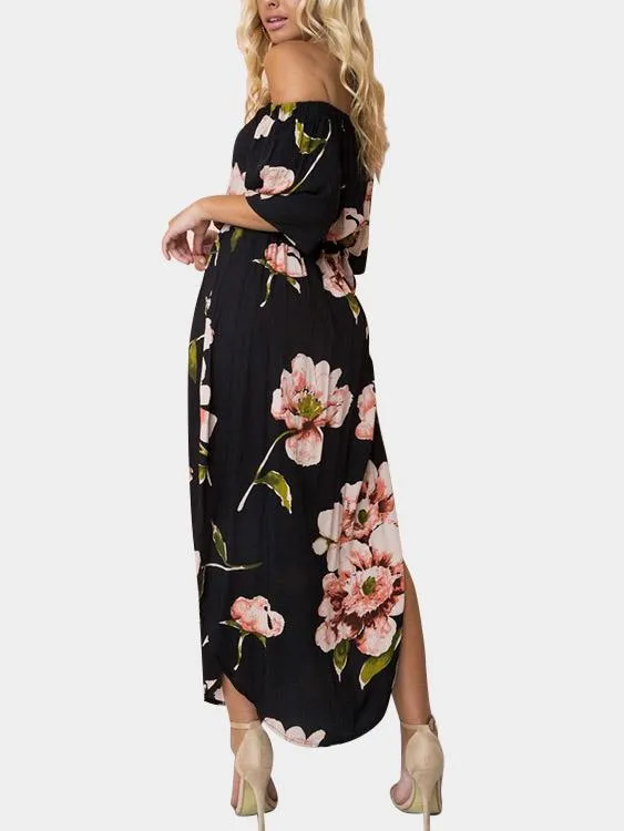 Wholesale Off The Shoulder Half Sleeve Floral Print Slit Hem Dresses