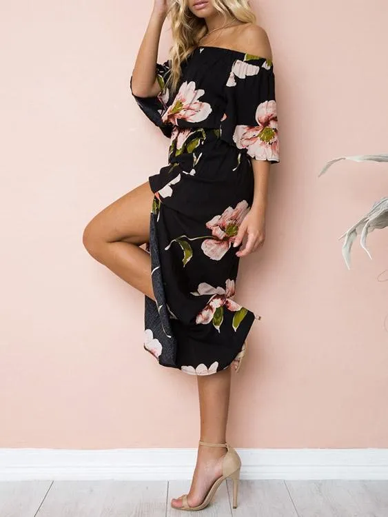 Wholesale Off The Shoulder Half Sleeve Floral Print Slit Hem Dresses