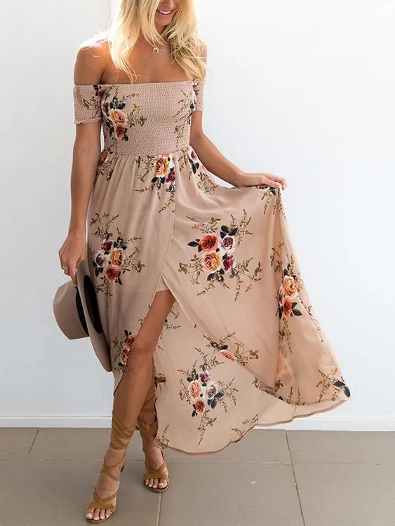 Wholesale Off The Shoulder Short Sleeve Floral Print Slit Hem Beach Dress