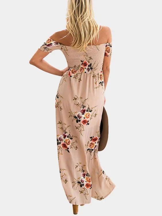 Wholesale Off The Shoulder Short Sleeve Floral Print Slit Hem Beach Dress