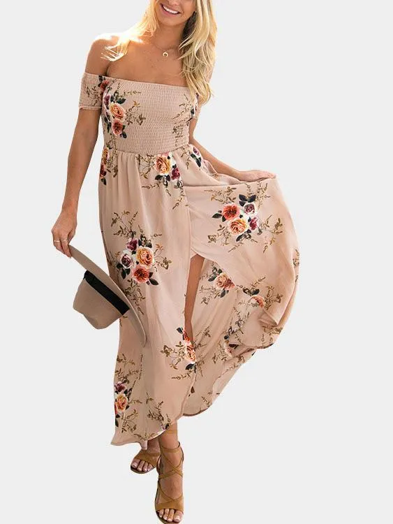 Wholesale Off The Shoulder Short Sleeve Floral Print Slit Hem Beach Dress