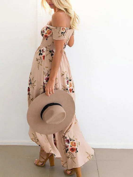 Wholesale Off The Shoulder Short Sleeve Floral Print Slit Hem Beach Dress