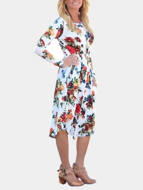 Wholesale Round Neck Long Sleeve Floral Print Dresses