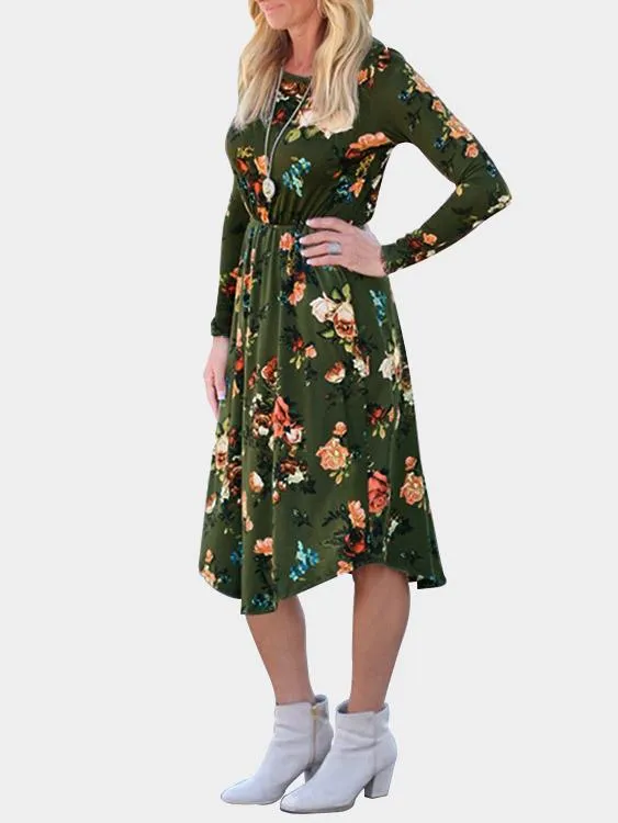 Wholesale Round Neck Long Sleeve Floral Print Dresses