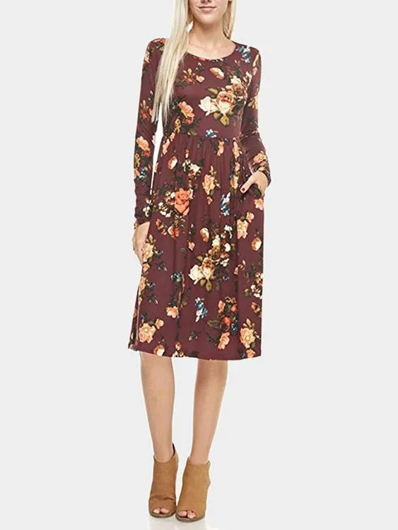 Wholesale Round Neck Long Sleeve Floral Print Dresses