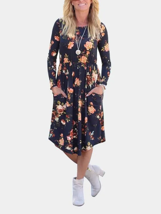 Wholesale Round Neck Long Sleeve Floral Print Dresses