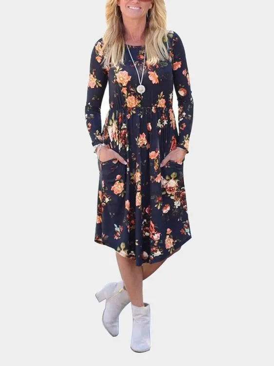 Wholesale Round Neck Long Sleeve Floral Print Dresses