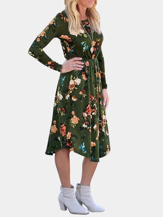 Wholesale Round Neck Long Sleeve Floral Print Dresses