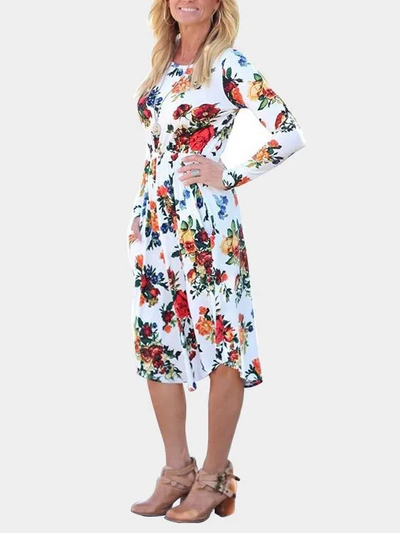 Wholesale Round Neck Long Sleeve Floral Print Dresses