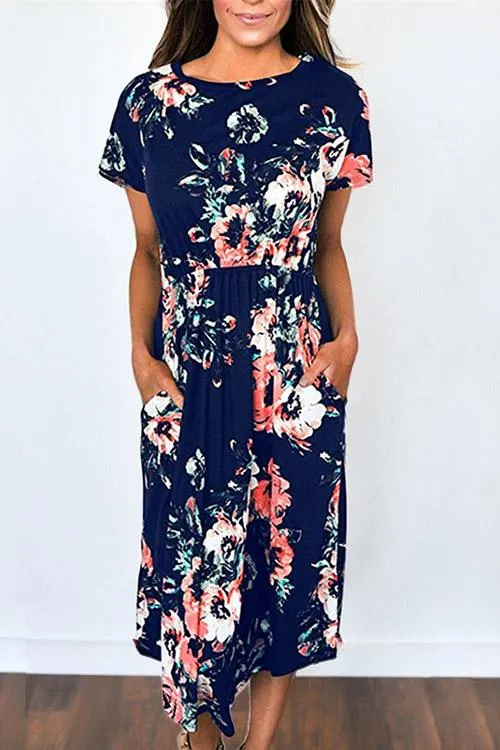 Wholesale Round Neck Short Sleeve Floral Print Dresses