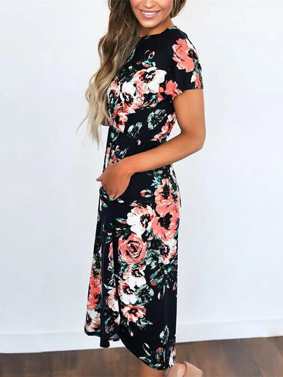 Wholesale Round Neck Short Sleeve Floral Print Dresses