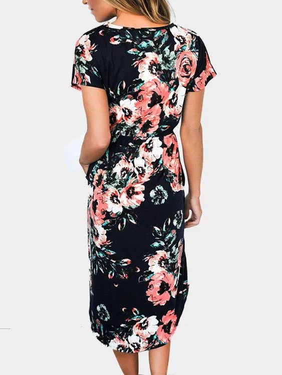 Wholesale Round Neck Short Sleeve Floral Print Dresses