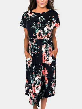 Wholesale Round Neck Short Sleeve Floral Print Dresses