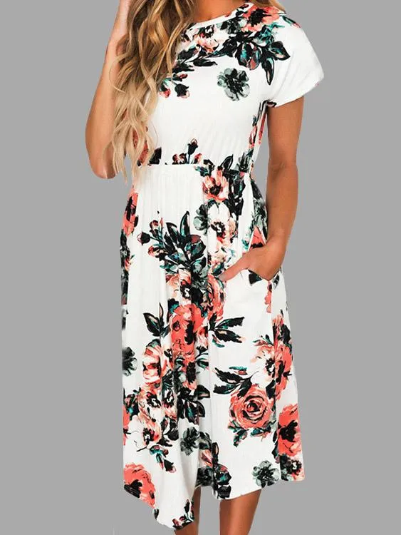 Wholesale Round Neck Short Sleeve Floral Print Dresses