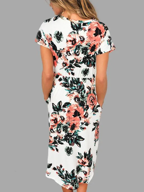 Wholesale Round Neck Short Sleeve Floral Print Dresses