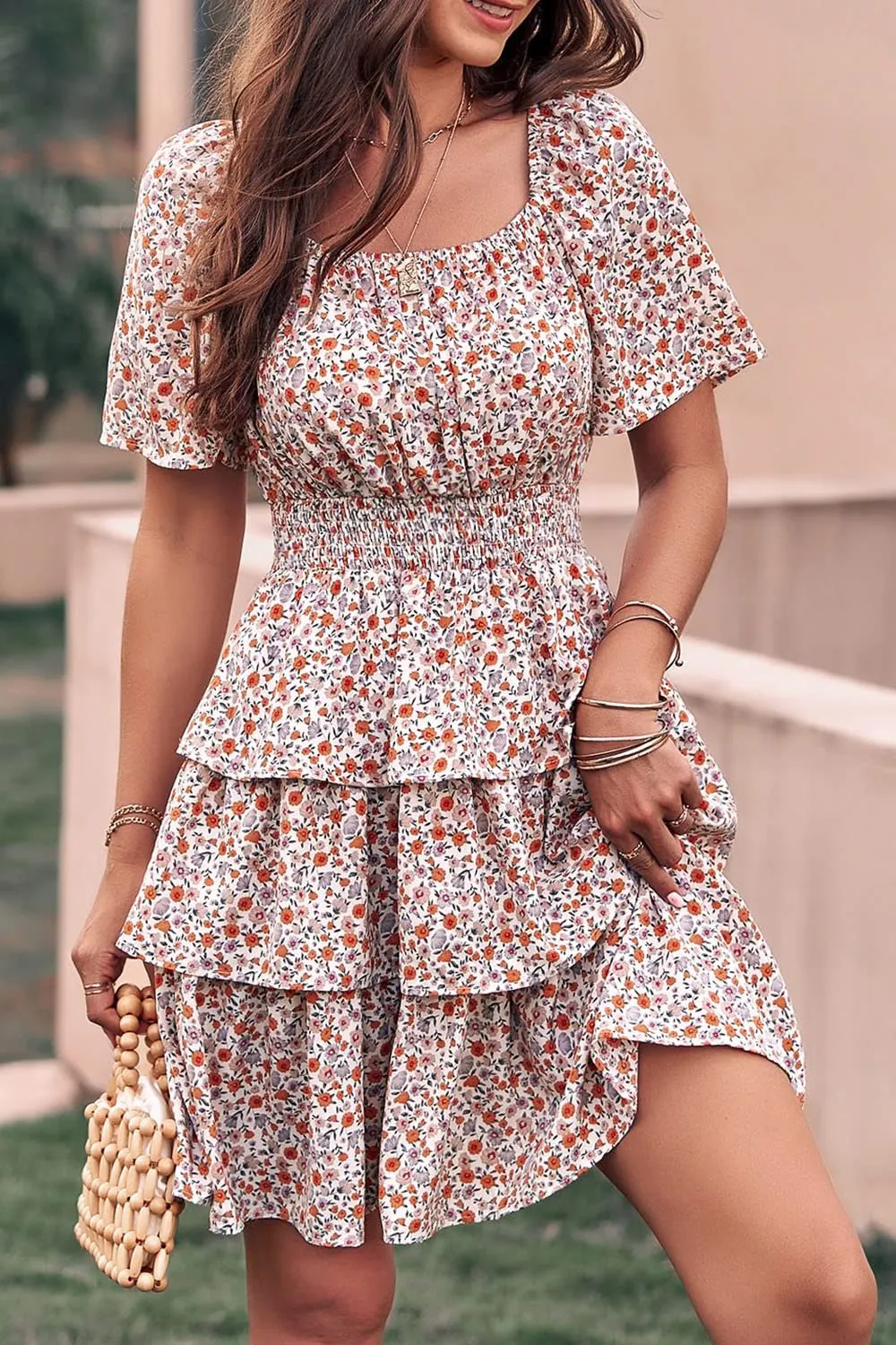 Women's Floral Summer Short Dress Square Neck Short Sleeve Tiered Ruffle Boho Swing Dresses