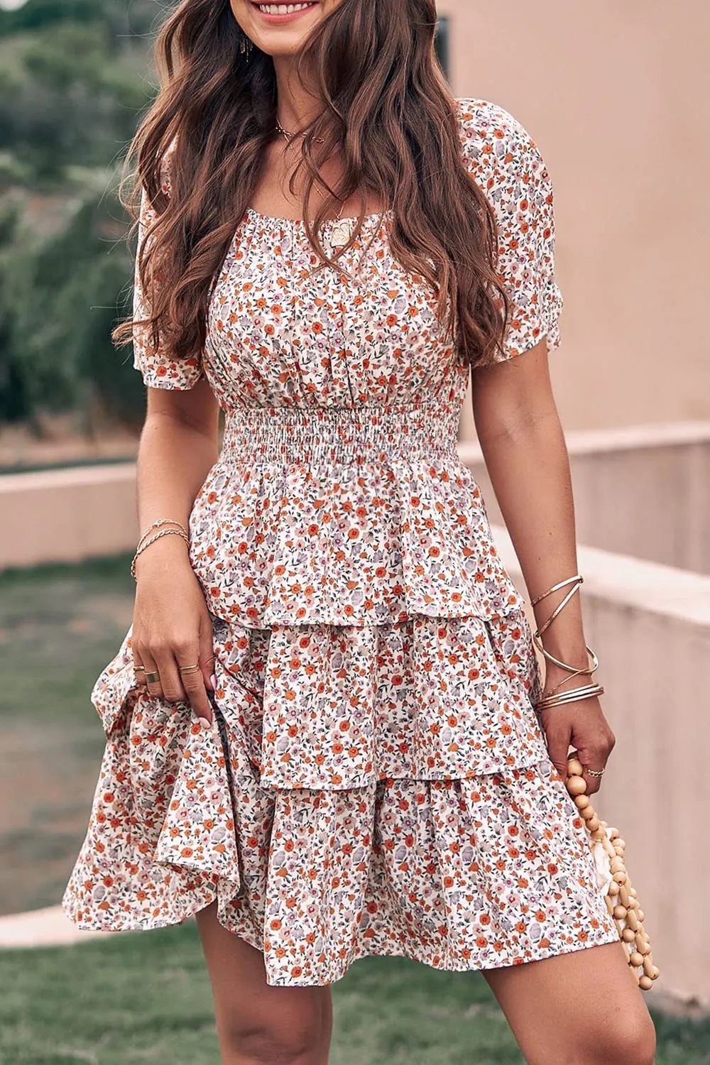 Women's Floral Summer Short Dress Square Neck Short Sleeve Tiered Ruffle Boho Swing Dresses