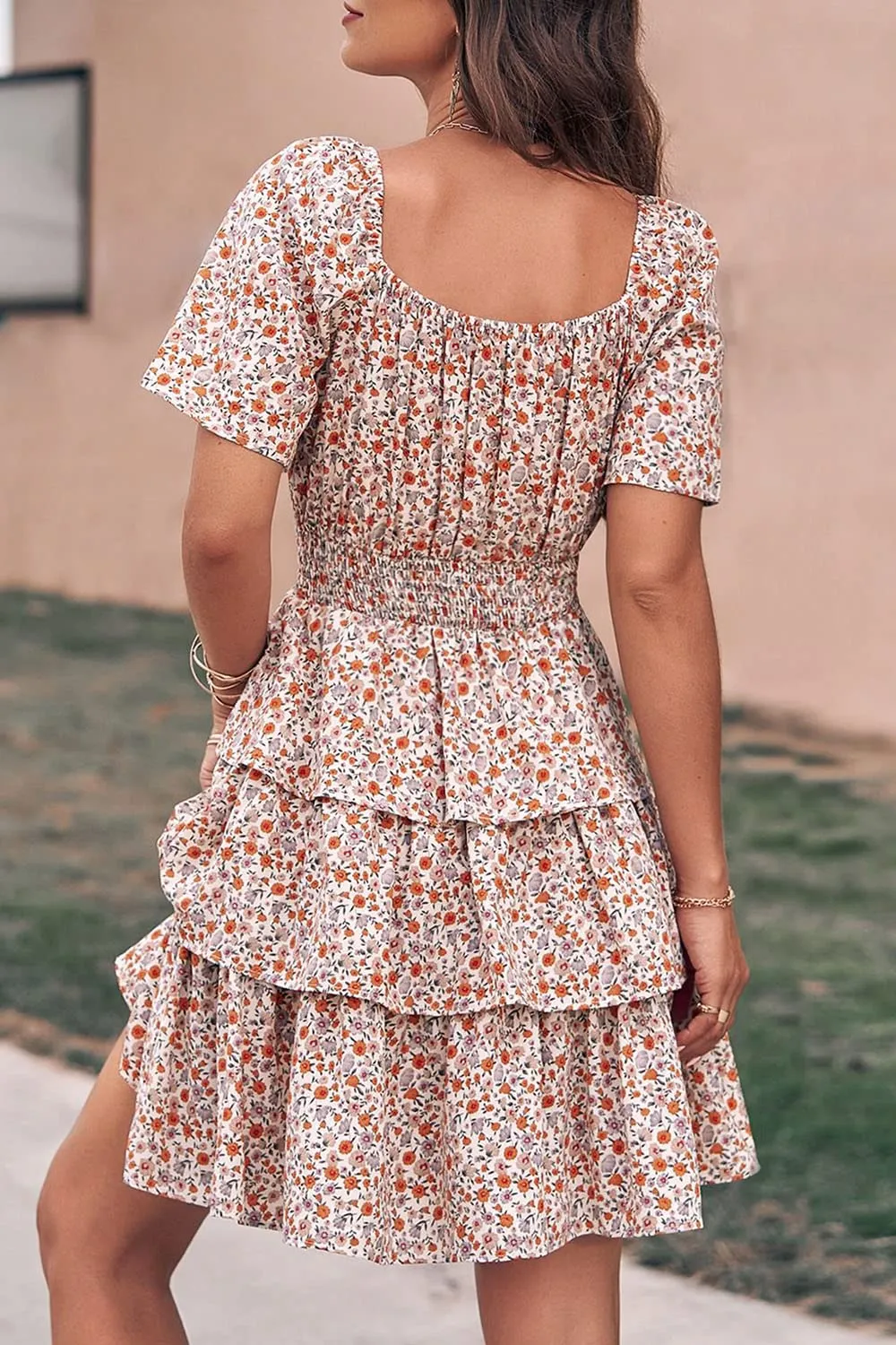 Women's Floral Summer Short Dress Square Neck Short Sleeve Tiered Ruffle Boho Swing Dresses