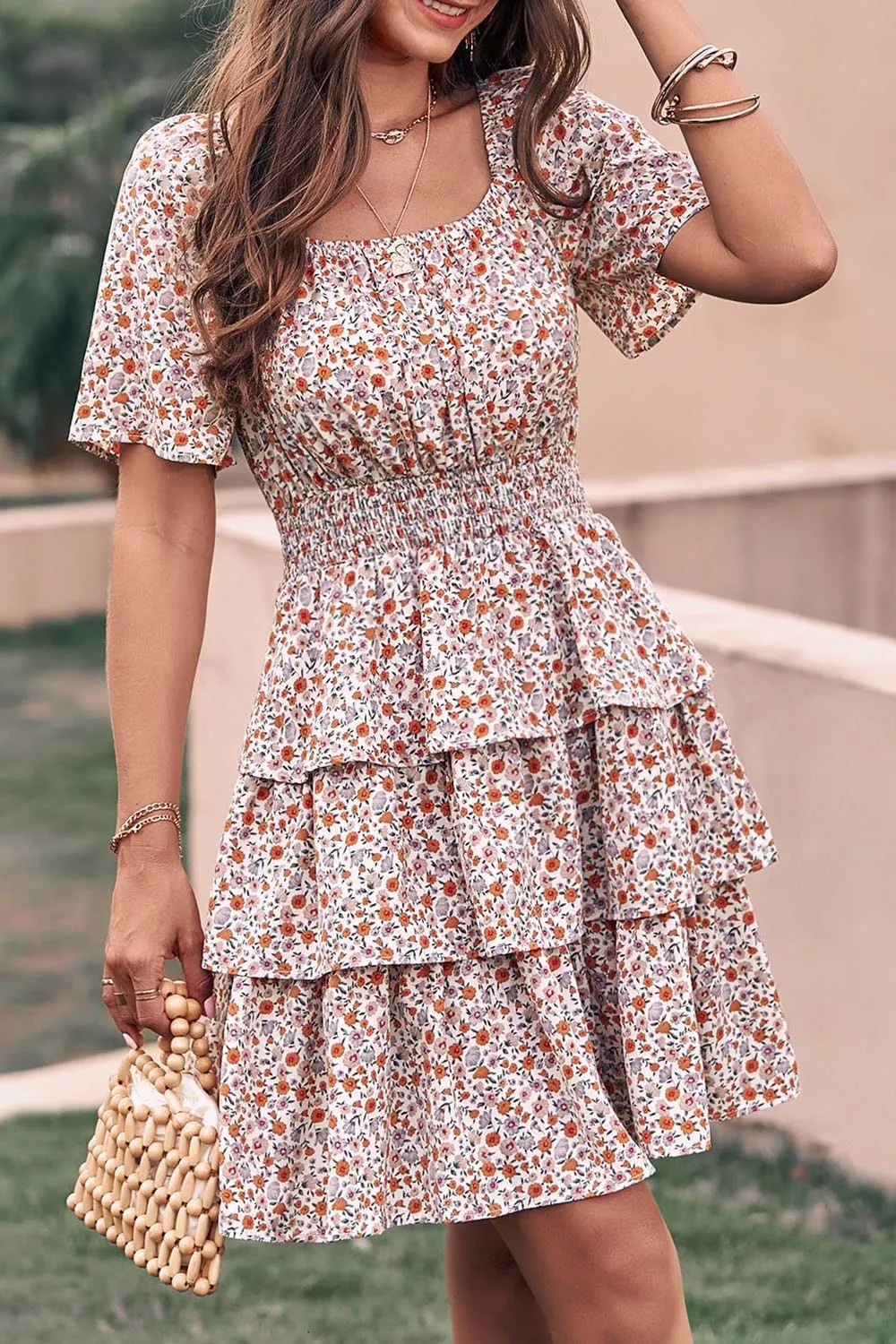 Women's Floral Summer Short Dress Square Neck Short Sleeve Tiered Ruffle Boho Swing Dresses