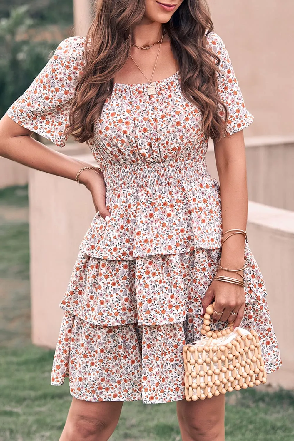 Women's Floral Summer Short Dress Square Neck Short Sleeve Tiered Ruffle Boho Swing Dresses