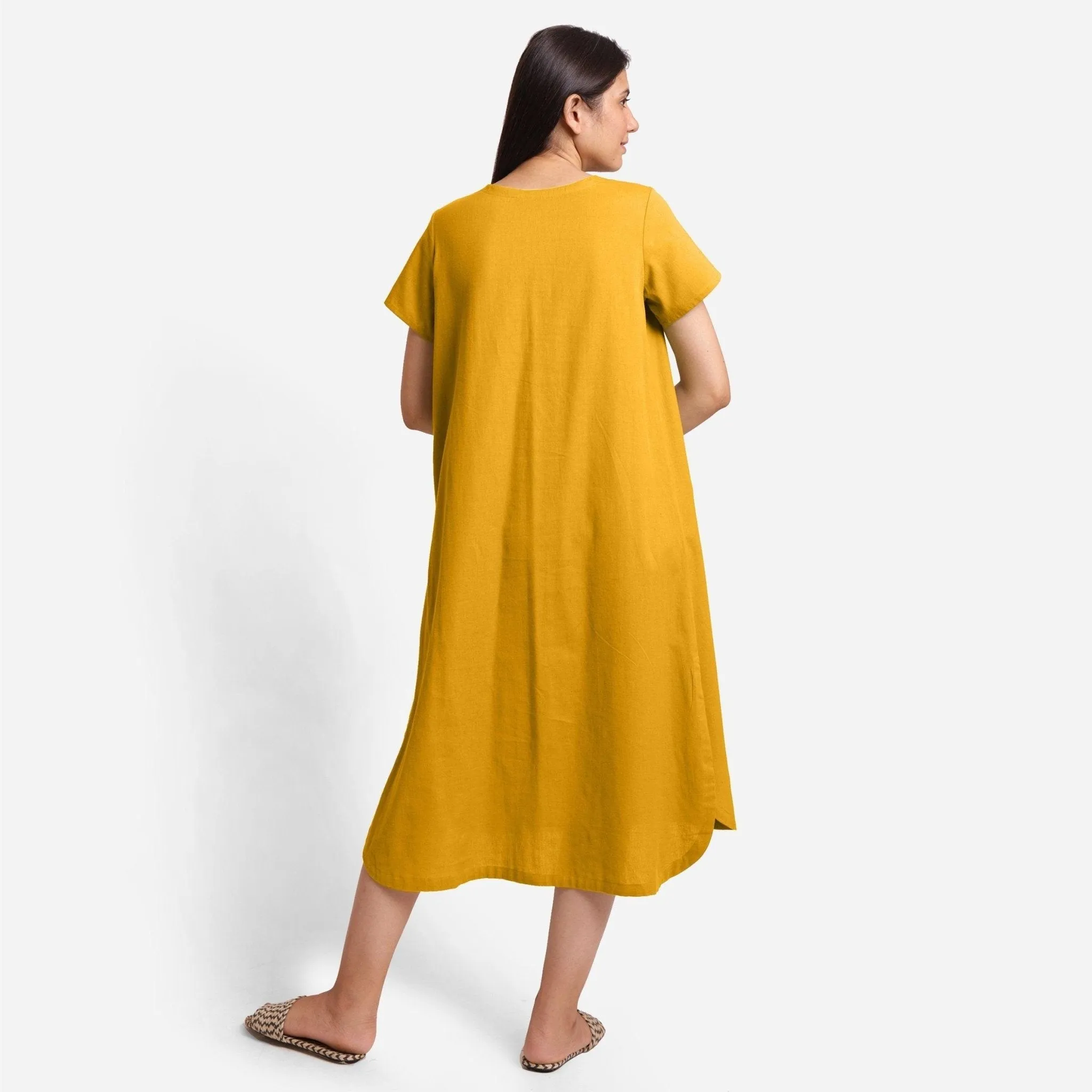 Yellow Cotton Flax High-Low Midi Shift Dress