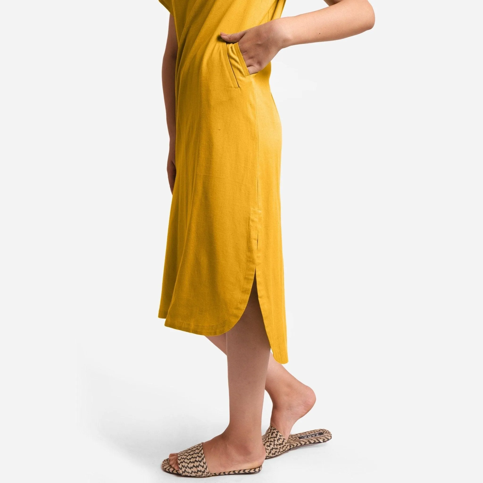 Yellow Cotton Flax High-Low Midi Shift Dress