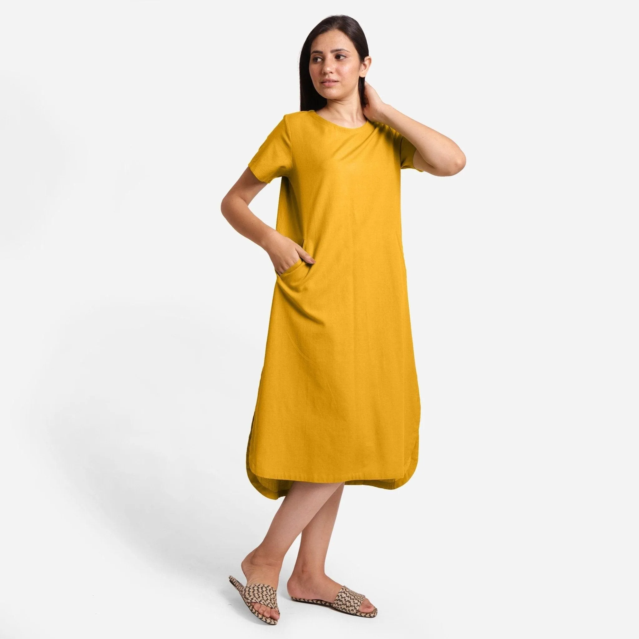 Yellow Cotton Flax High-Low Midi Shift Dress