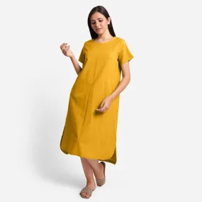 Yellow Cotton Flax High-Low Midi Shift Dress