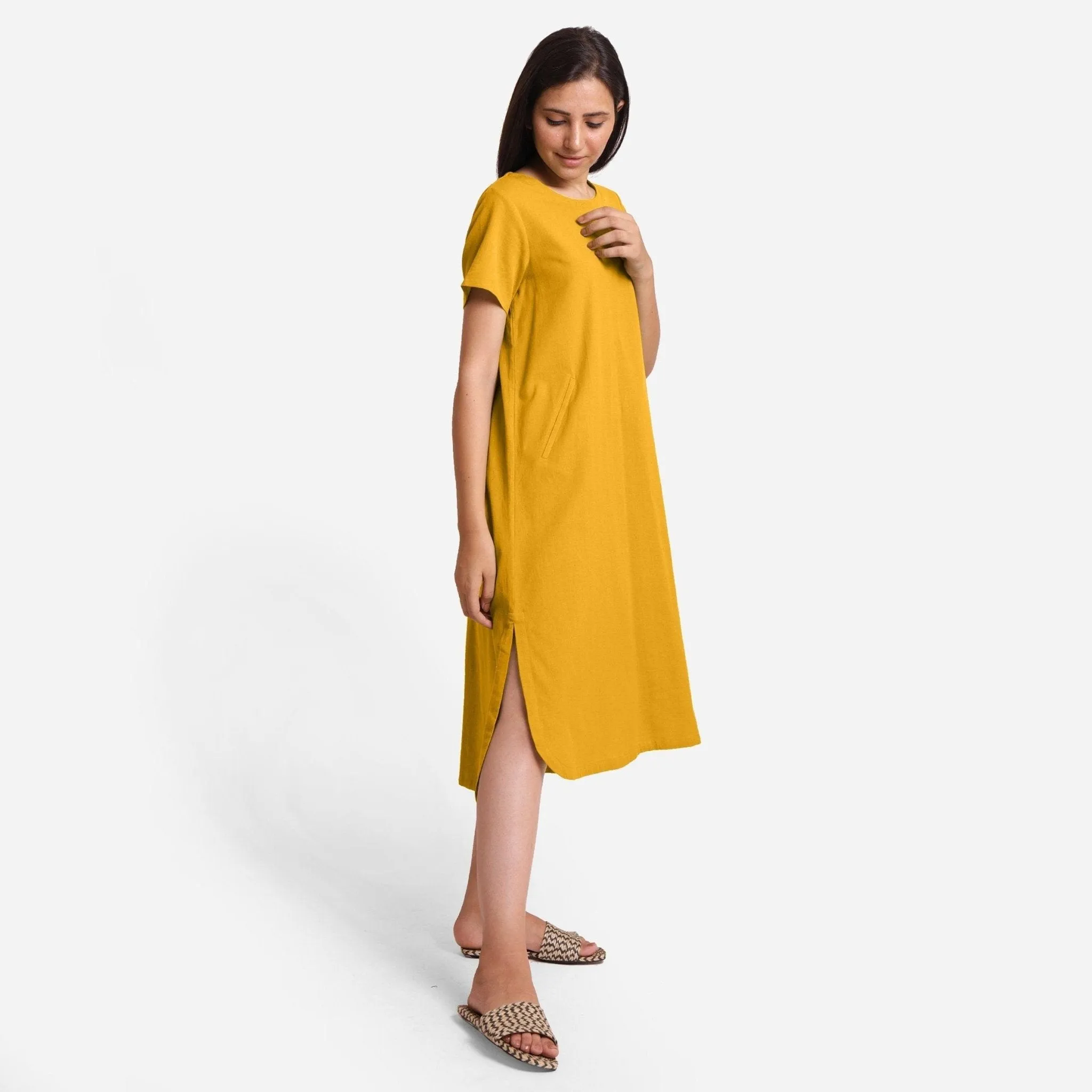 Yellow Cotton Flax High-Low Midi Shift Dress